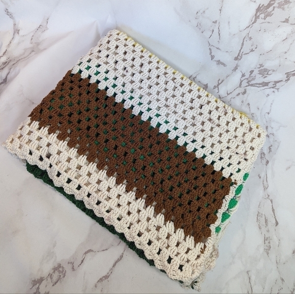 Vintage Crochet Blanket Throw Afghan Retro Brown Yellow Cream Blue Boho Stripe - Picture 12 of 13